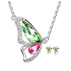  Platinum plated sky green and pink dream butterfly pendant with earrings